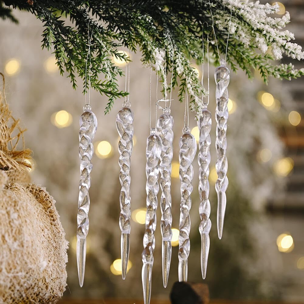 Goodern Christmas Tree Decoration,12PCS Crystal Christmas Ornaments Hanging Acrylic Icicle Ornaments Set for Christmas Tree Winter New Year Party Decorations Supplies Xmas Clear Icicle Hanging Drop