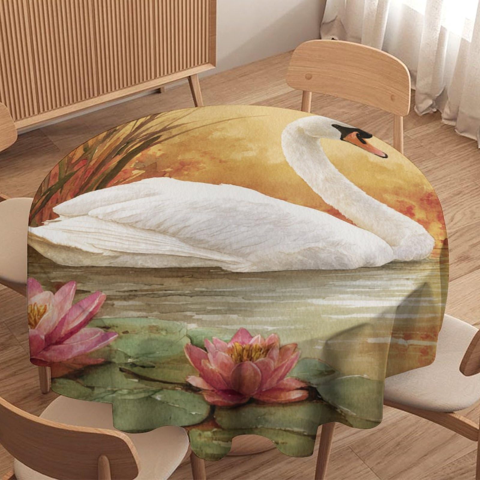 LUYYSKY Rustic Classic Elegant Swan Round Tablecloth Vintage Oil Painting Lake Lotus Floral Animal Swan Pattern Washable Decor for Table Cover for Kitchen-91.4" Wx91.4 L cm