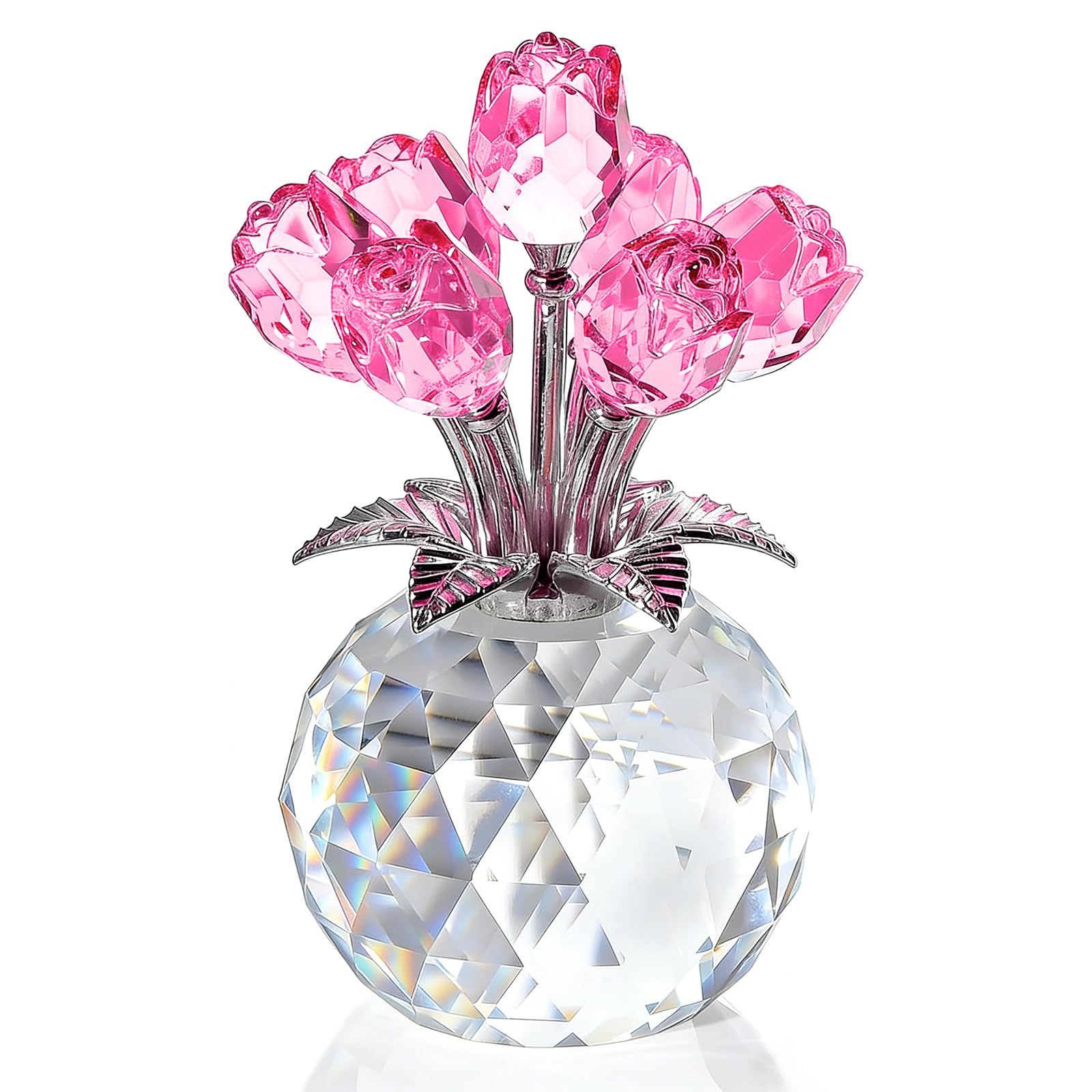Figurine de rose en cristal rose : fleur de verre pour anniversaire
