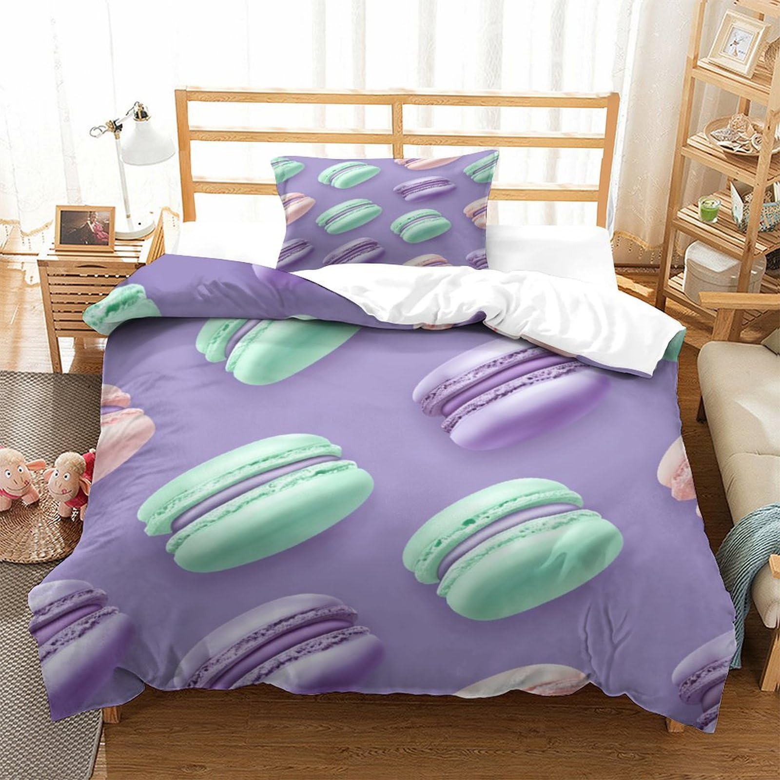 P1S9U7W5Y 3D Printed French Macaron Pattern Duvet Cover Set 3pcs Microfiber Dessert Bedding Set Single（135x200cm）