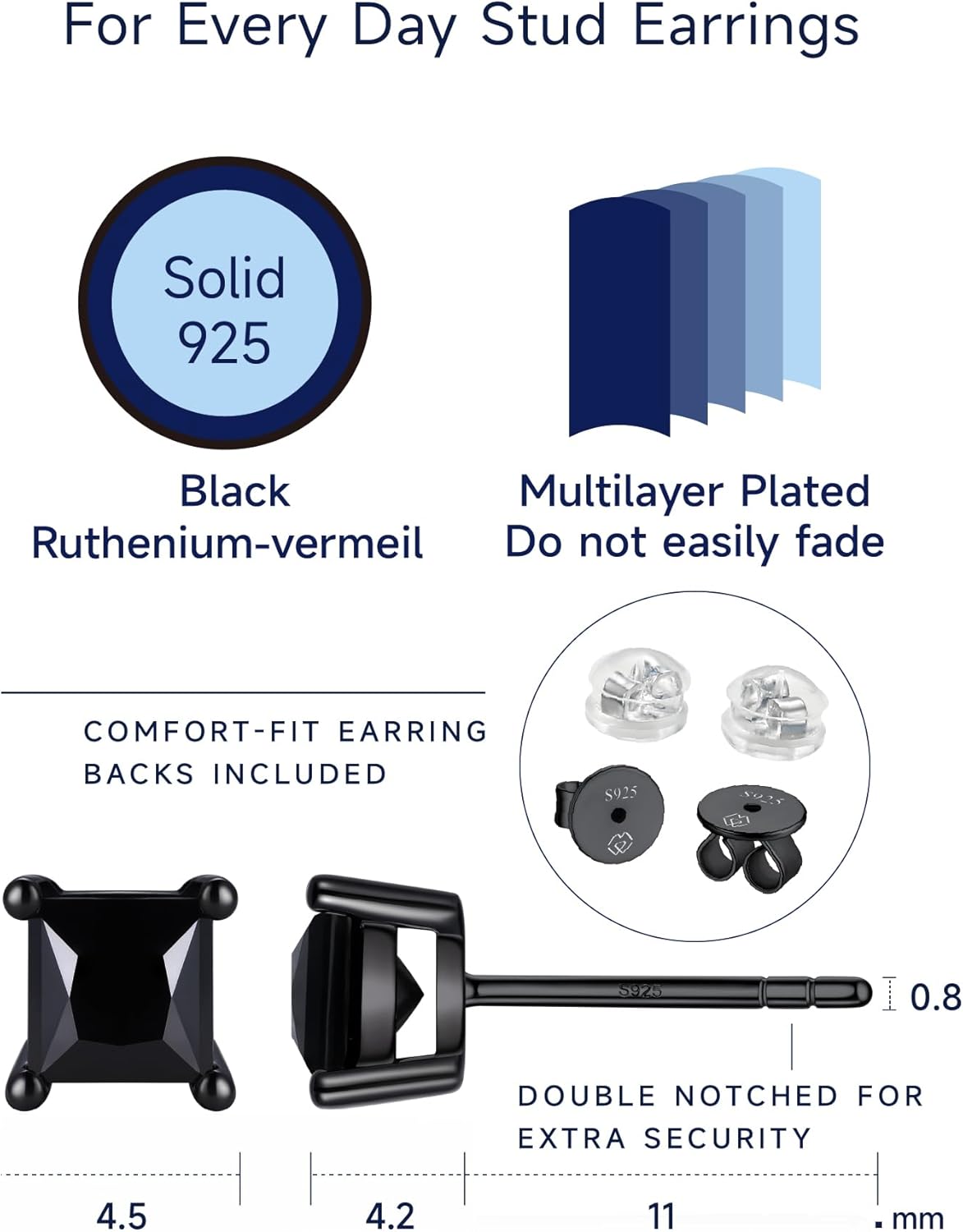 MomentWish Black Moissanite Stud Earrings, Moissanite Earrings for Women Men, D Color VVS1 Simulated Diamond 925 Sterling Silver Solitaire/Halo Studs - Image 6