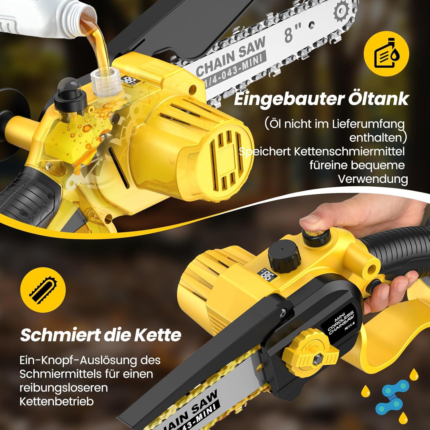 Mini Kettensäge mit Akku 8000mAh, 8-Zoll & 6-Zoll Kettensäge mit Auto-Oil