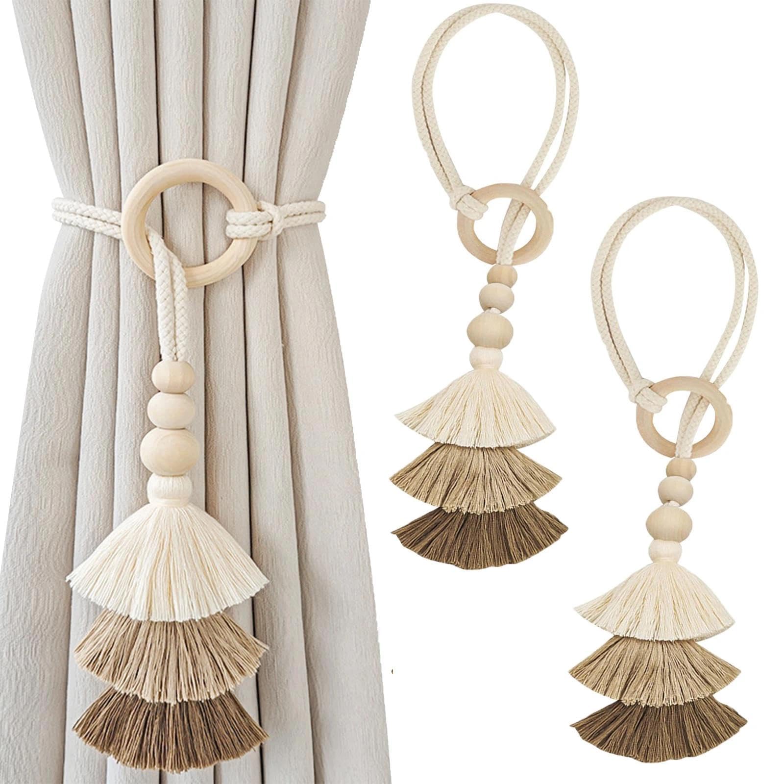 RIIRCSGE 2 PCS Curtain Tie Backs with Tassels, Boho Style Tie Backs for Curtains, Adjustable Rope Curtain Ties No Drilling Needed, Modern Decorative Tiebacks for Living Room Bedroom Home Office Decor