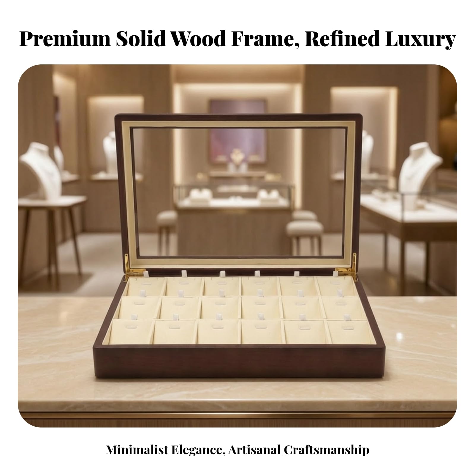 TISHITA Plateau de Présentation Bijoux Boîte Organisateur Vitrine Coffret avec Couvercle en Verre Bois Massif Microfibre 12 Compartiments Aspect Élégant, Gris Foncé, style to 1