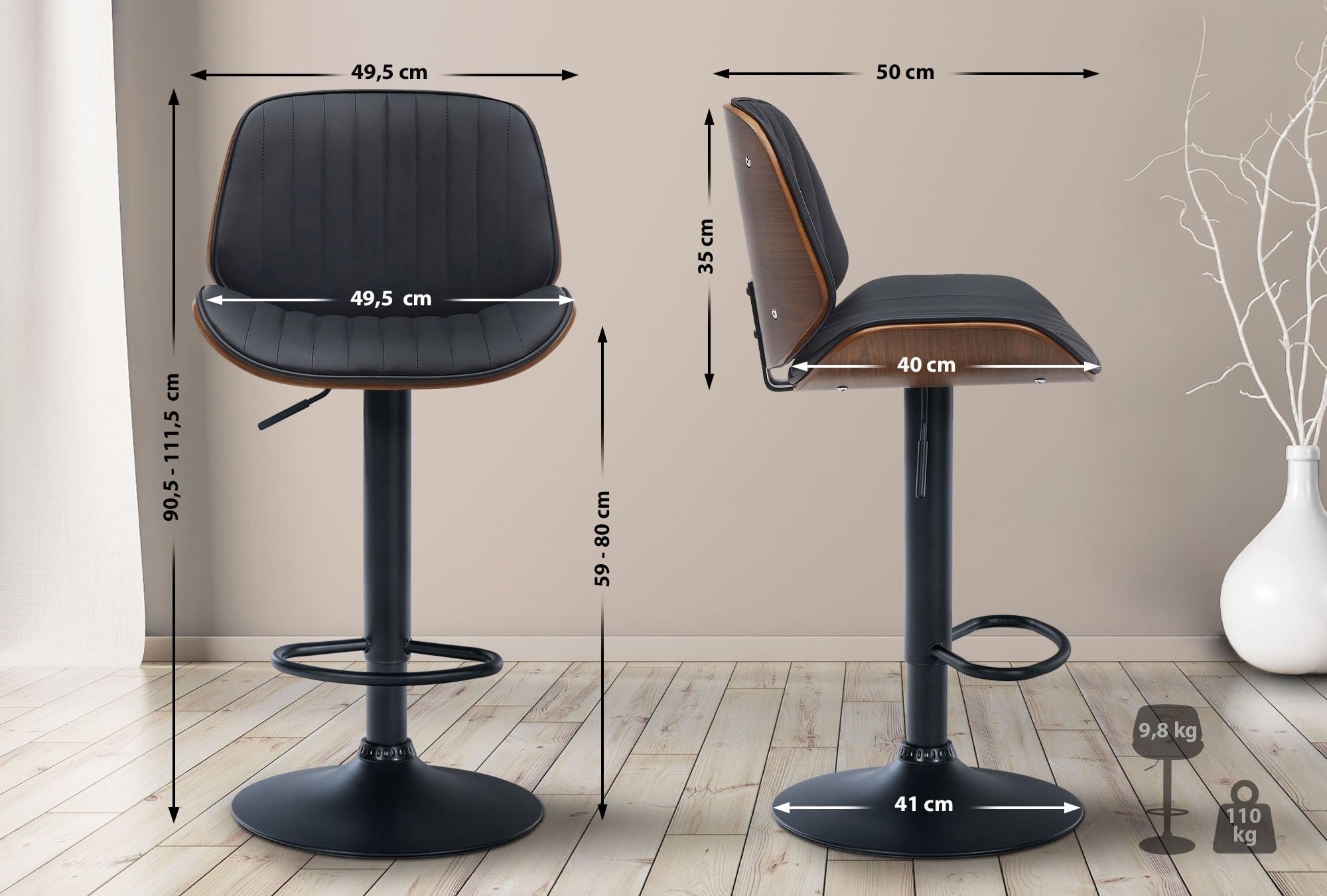CLP 2er Set Barhocker Nova I Kunstleder-Bezug I Höhenverstellbarer Barstuhl | Farbe walnuss/schwarz