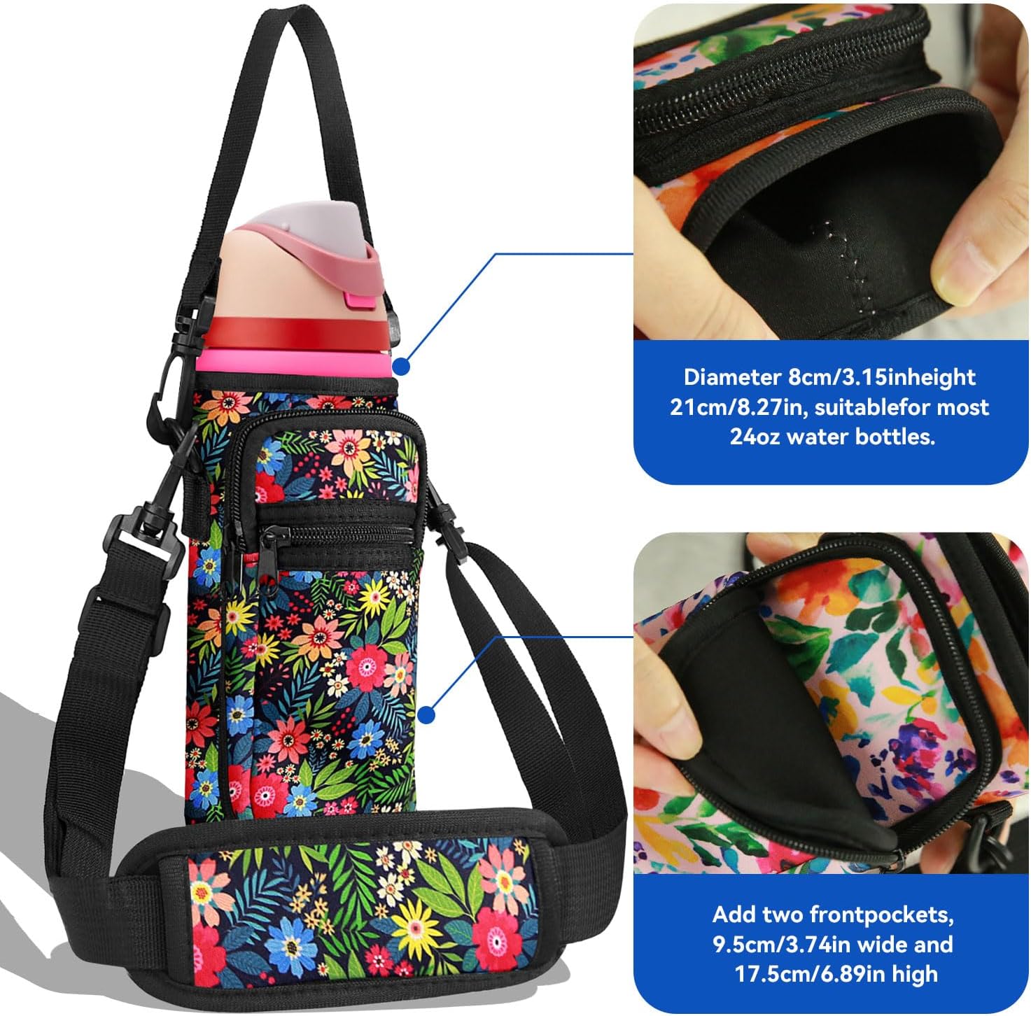 Neoprene Water Bottle Holder Bag with Cell Phone Pocket Compatible with Owala FreeSip 24 oz,Water Bottle Carrying Bag ,with Adjustable Shoulder Strap,for 24oz Stainless Steel Water Bottle - Image 2