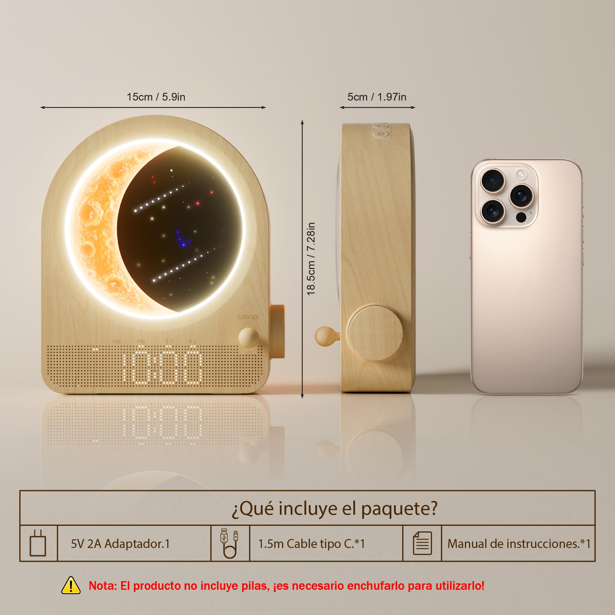 blonbar Reloj Despertador,Lámpara de Luna,10 Sonidos Naturales | 2 despertadores, 3 niveles de brillo, 10 sonidos naturales, luz nocturna regulable para dormitorio