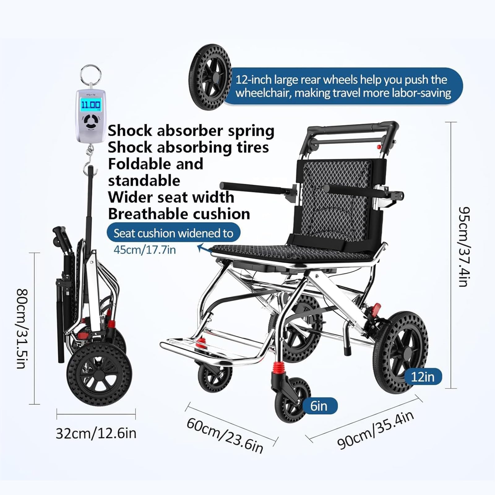 Silla de ruedas plegable ligera para adultos y niños, silla de ruedas portátil de viaje con freno de mano, marco de aleación de aluminio para un fácil transporte