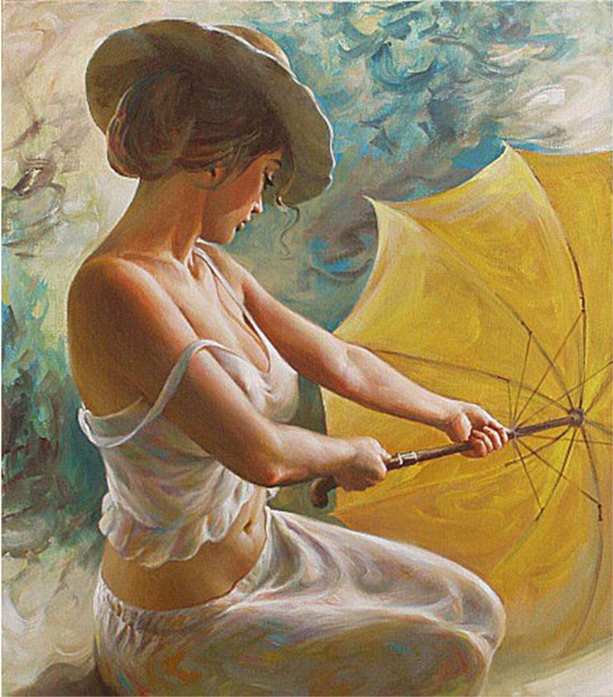 ABEUTY DIY Paint by Numbers for Adults Beginner - Sexy Girl Yellow Umbrella 16x20 inches Number Painting Anti Stress Toys (No Frame)