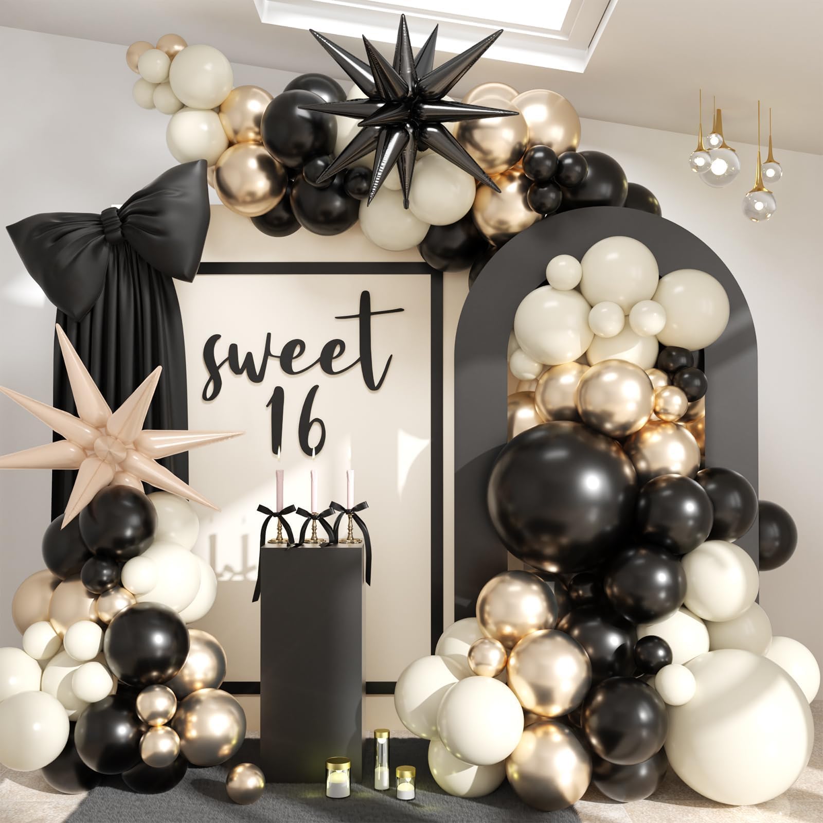 Black White Gold Balloon Garland Kit, 115 Pcs Beige Sand Black Cream Metallic Gold Balloon Arch with Explosion Star Foil Balloons for Girl Women Birthday Wedding Bachelorette Coquette Party Decoration