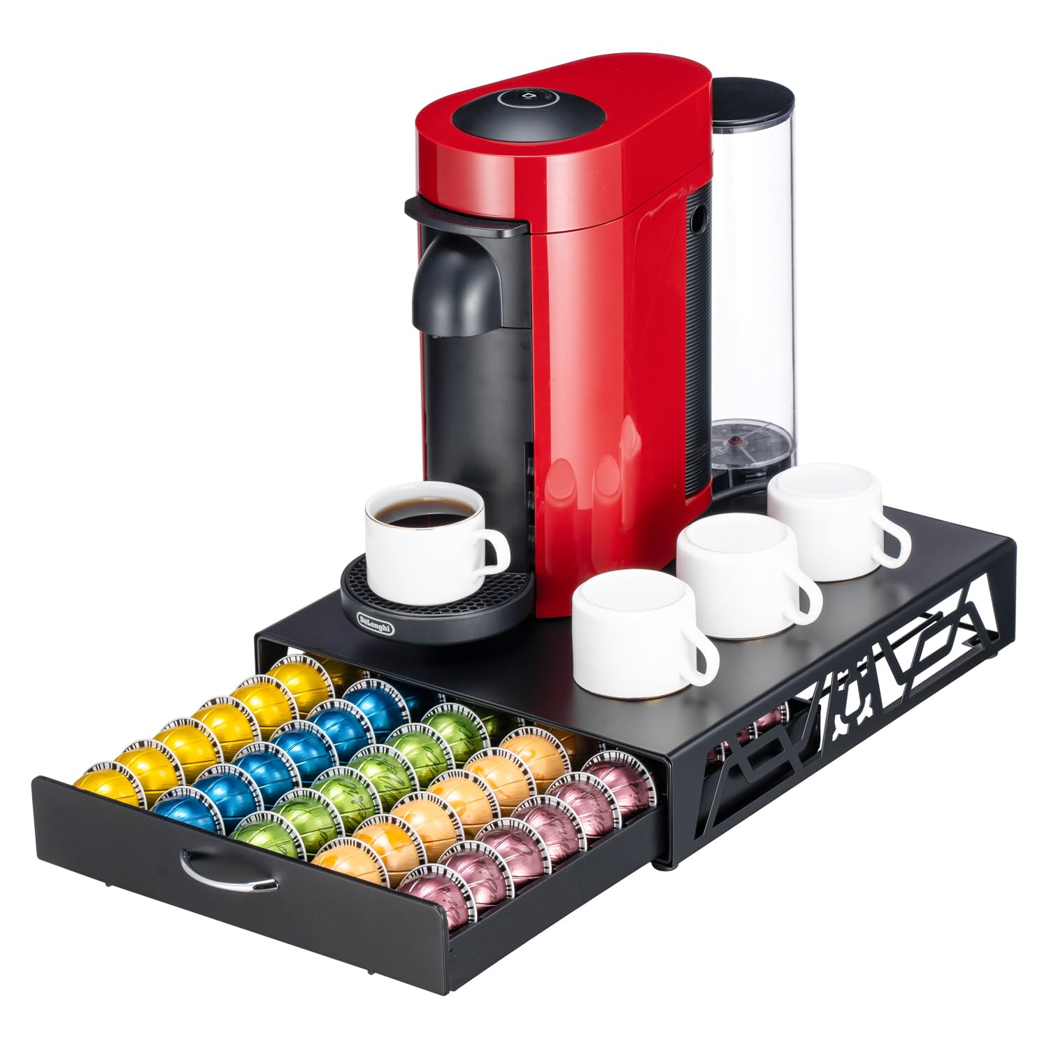 FlagShip Vertuo Pod Storage - Modern Black Metal Coffee Capsule Organizer &amp; Space-Saving Pod Holder for Coffee Machines, Spacious 50 Vertuo Pods Capacity