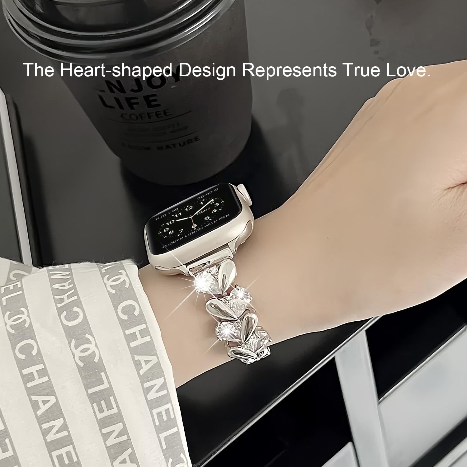 Heart-shaped Rhinestone Apple Watch Band for Women, with Bling Jewelry Style Bracelet, Dressy, Adjustable, Fits Most Wrists