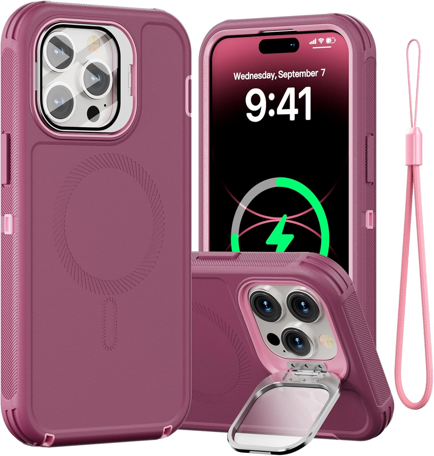 for iPhone 14 Pro Max Case with Stand & Built-in Camera Cover, MagSafe Compatible, Heavy-Duty Shockproof Protection, Magnetic & Rugged Phone Cover for iPhone 14 Pro Max 6.7'', Purple-Pink