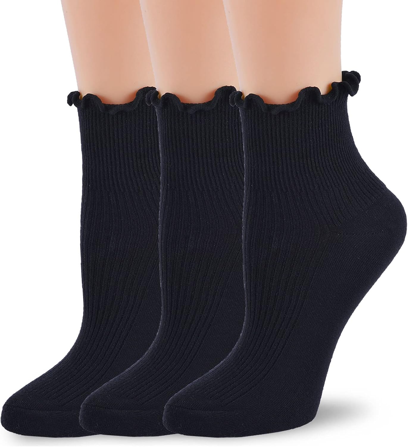 Women Ruffle Crew Socks Lightweight Thin Stripe Turn-Cuff Cute Girls Cotton Socks 3 Pairs