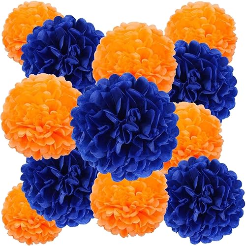 We Moment Pompones de papel azul marino y naranja para decoración de bodas y cumpleaños, decoración de fiesta azul y naranja, decoración de techo y