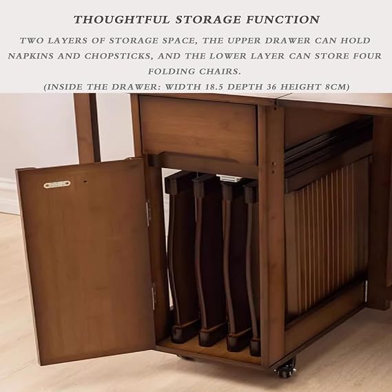 Foldable Dining Table Multifunctional Extendable Kitchen Desk Rectangular Table with 4 Chairs Simple Dining Table Mobile Table and Chair Set for Small Space (Wood Color)