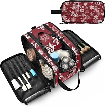 Seamless White Snowflake Sparkle Stars on Red Women's Portable Makeup Bag with Handle, Cosmetic Bag, Travel Cosmetic Bag Durable Toiletry Storage Organizer 11 x 7 x 5.7 inch