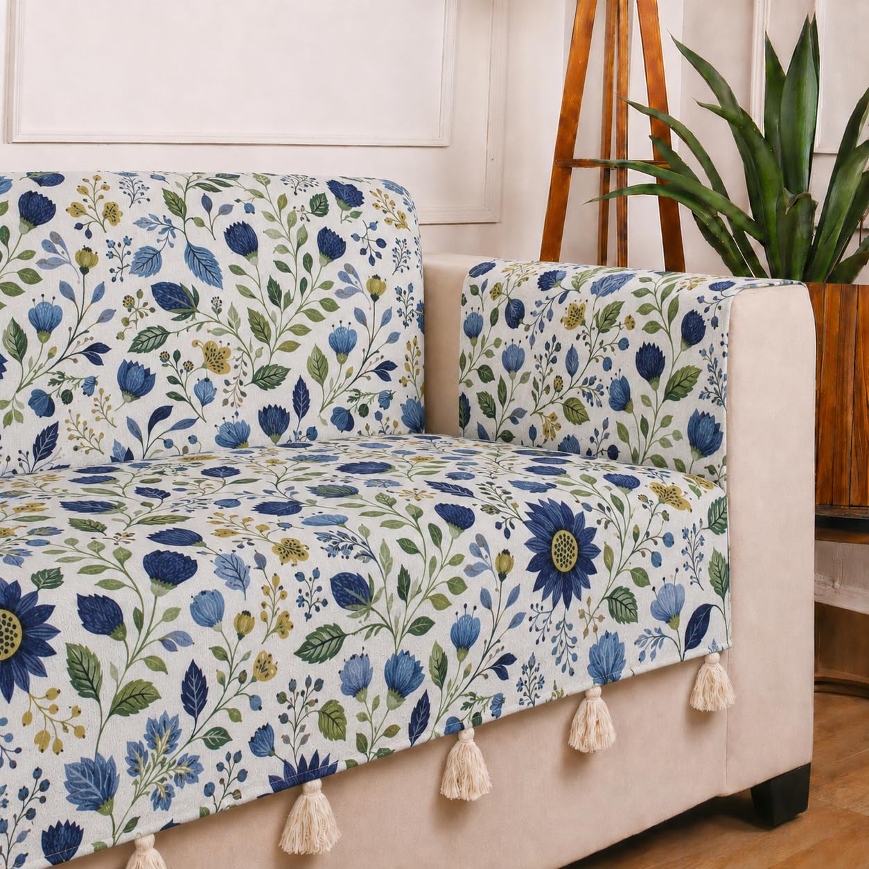 STITCHNEST 'Eden Weaves Collection Series' 2 Seater Sofa Cover | Full Coverage with Armrest Pockets | Elegant Woven Fabric, Decorative Tassels, Washable & Durable for Modern Living