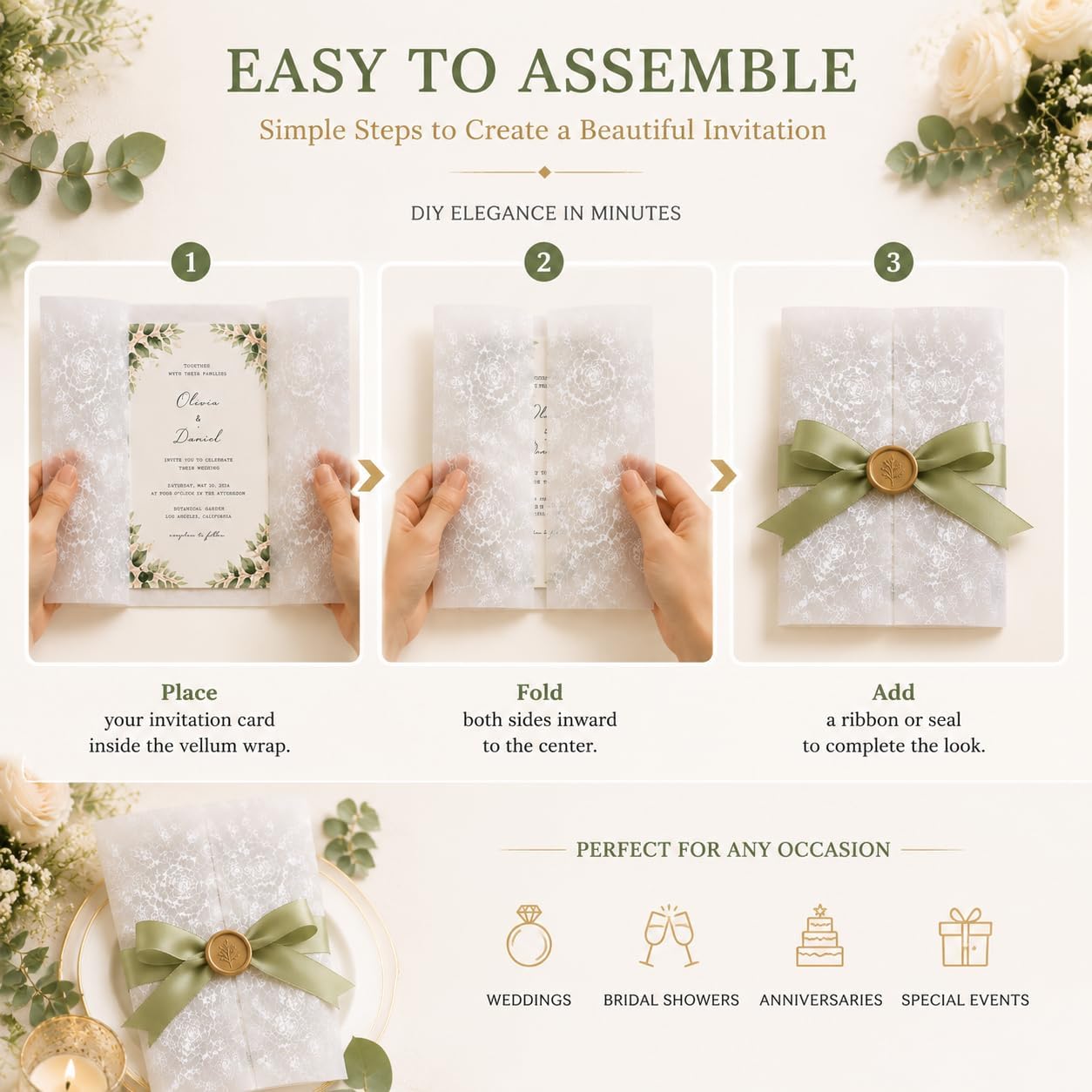 PVWSG Floral Vellum Jackets for 5x7 Invitations, 40 Pack