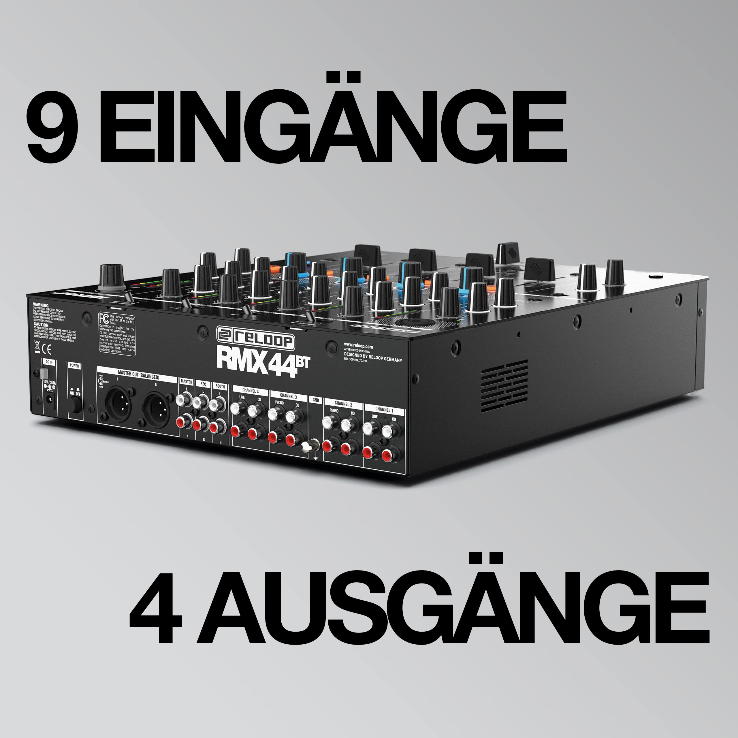 Reloop RMX-44 BT 4-Kanal-Bluetooth-DJ-Clubmixer, 9 Eingänge, 4 Ausgänge, Smart Connectivity Bluetooth Input mit Cue-Funktion