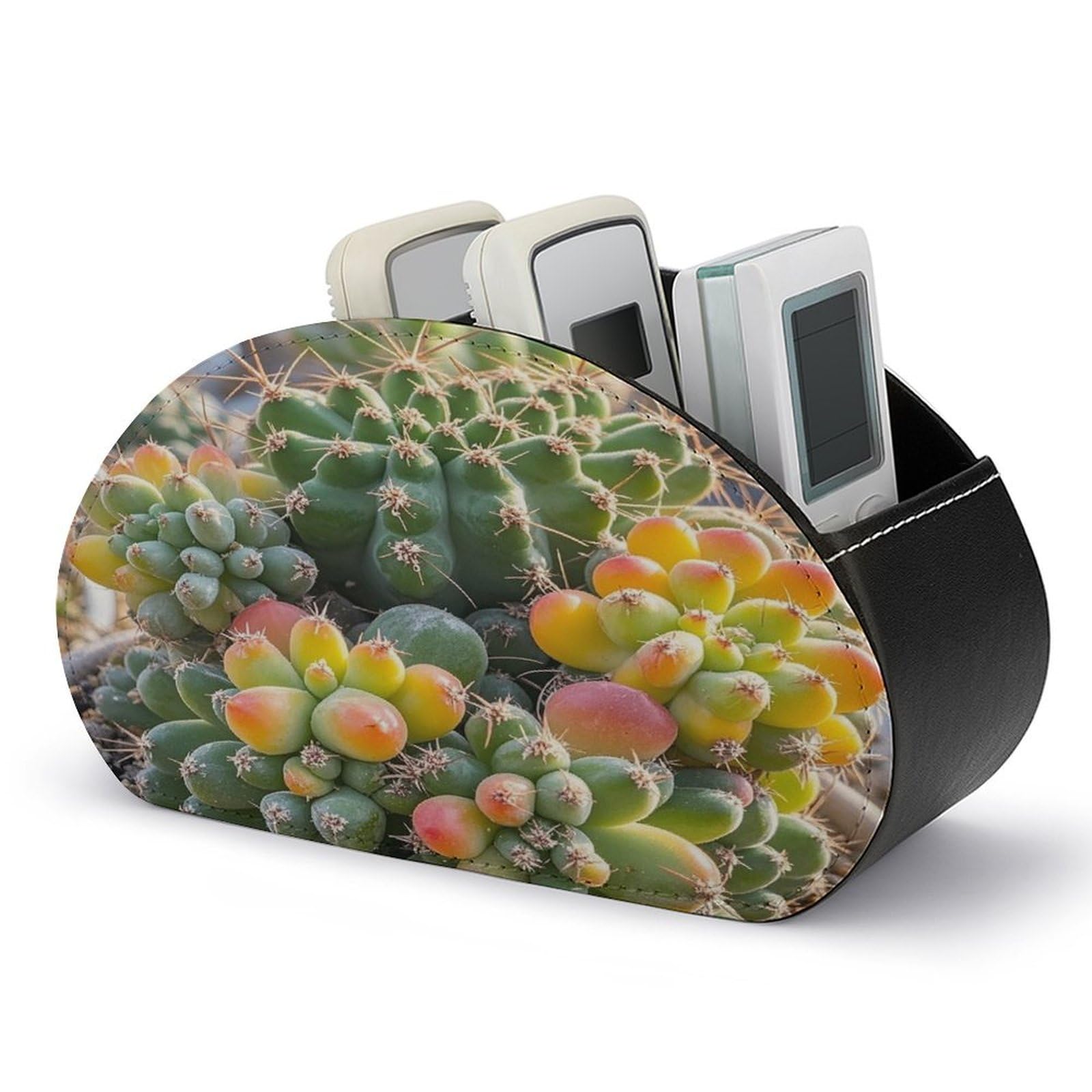 LZQPOEAS Cute Succulent Cactus Remote Control Holder with 5 Compartments PU Leather Remote Organizer Box Caddy for Table Nightstand Remote Caddy Desktop Organizer Fits Media Controllers