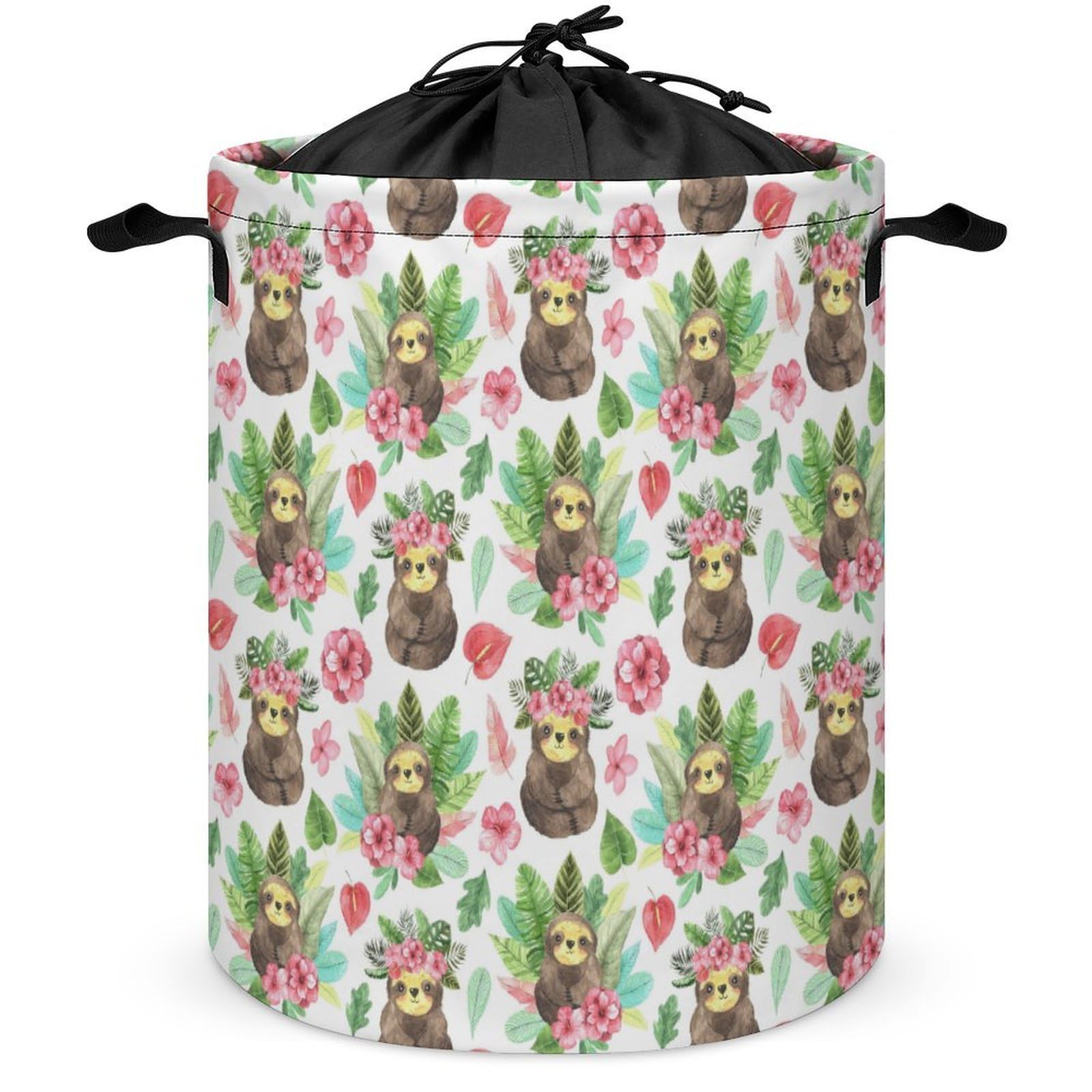 Wlntrophic Drawstring Laundry Hamper, Pink Floral Sloth Laundry Basket, Washing Basket with Handle