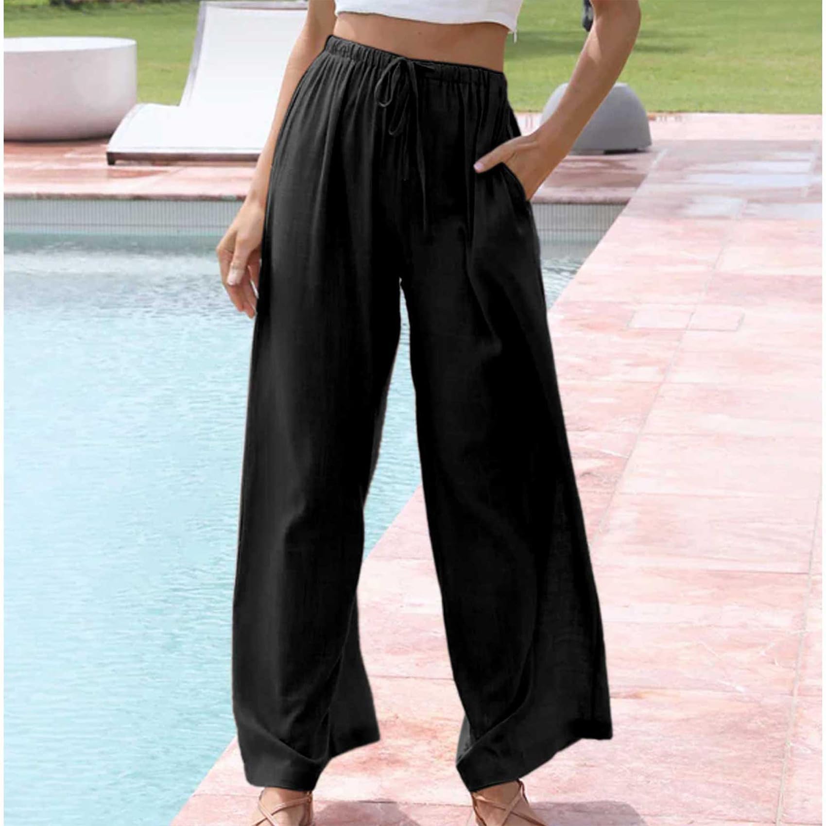 Cegerne Per Donna Pantaloni di Lino Lunghi Pantaloni Estivi Leggeri vestibilità Ampia Informale Sciolto Pantaloni in Tessuto Largo Gambe Larghe con Tasche