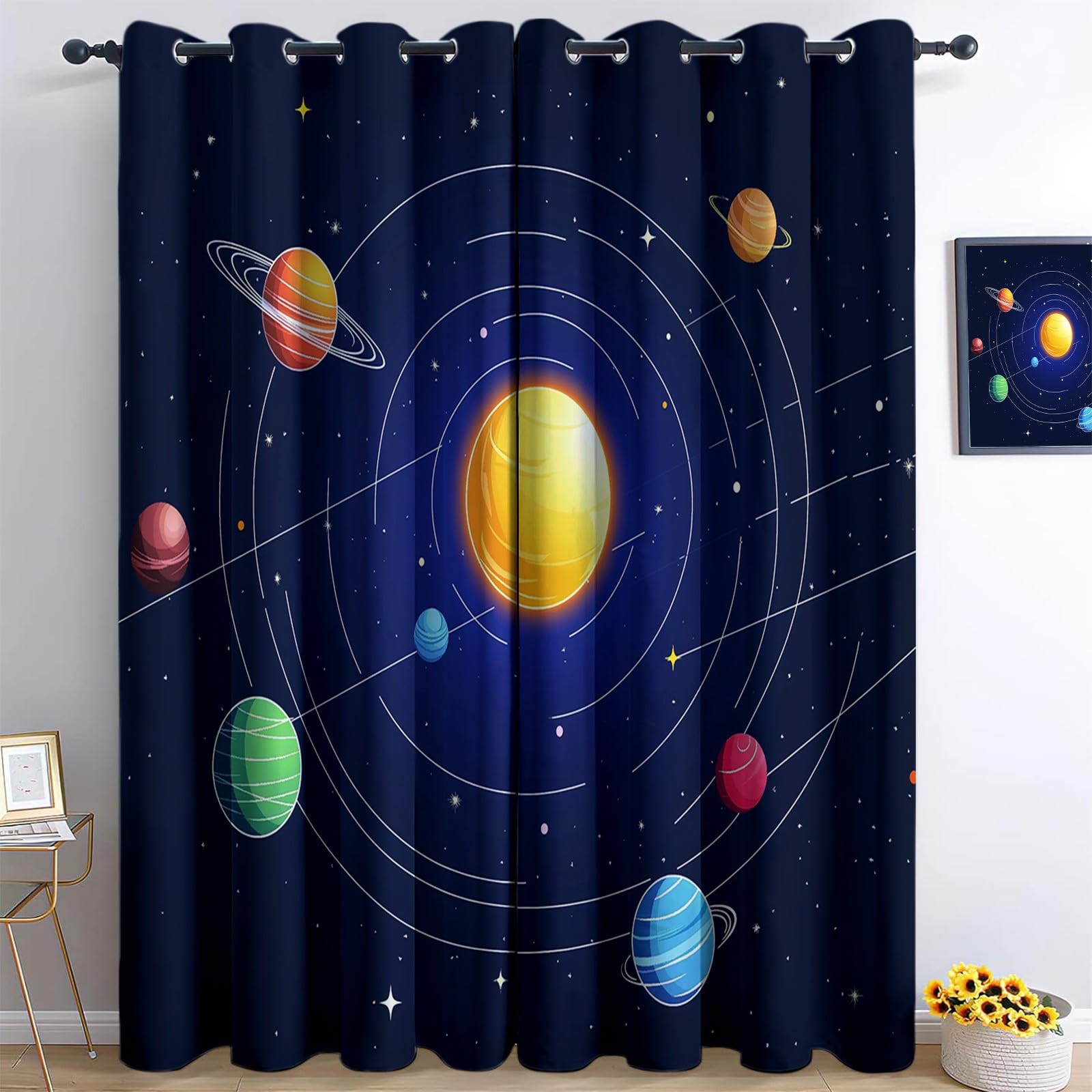 Blackout Curtains Cartoon Solar System 36” W x 84” L 3D Printed Eyelet Thermal Insulated Curtains for Kids Teens Boys Girl Bedroom Playroom — image 1