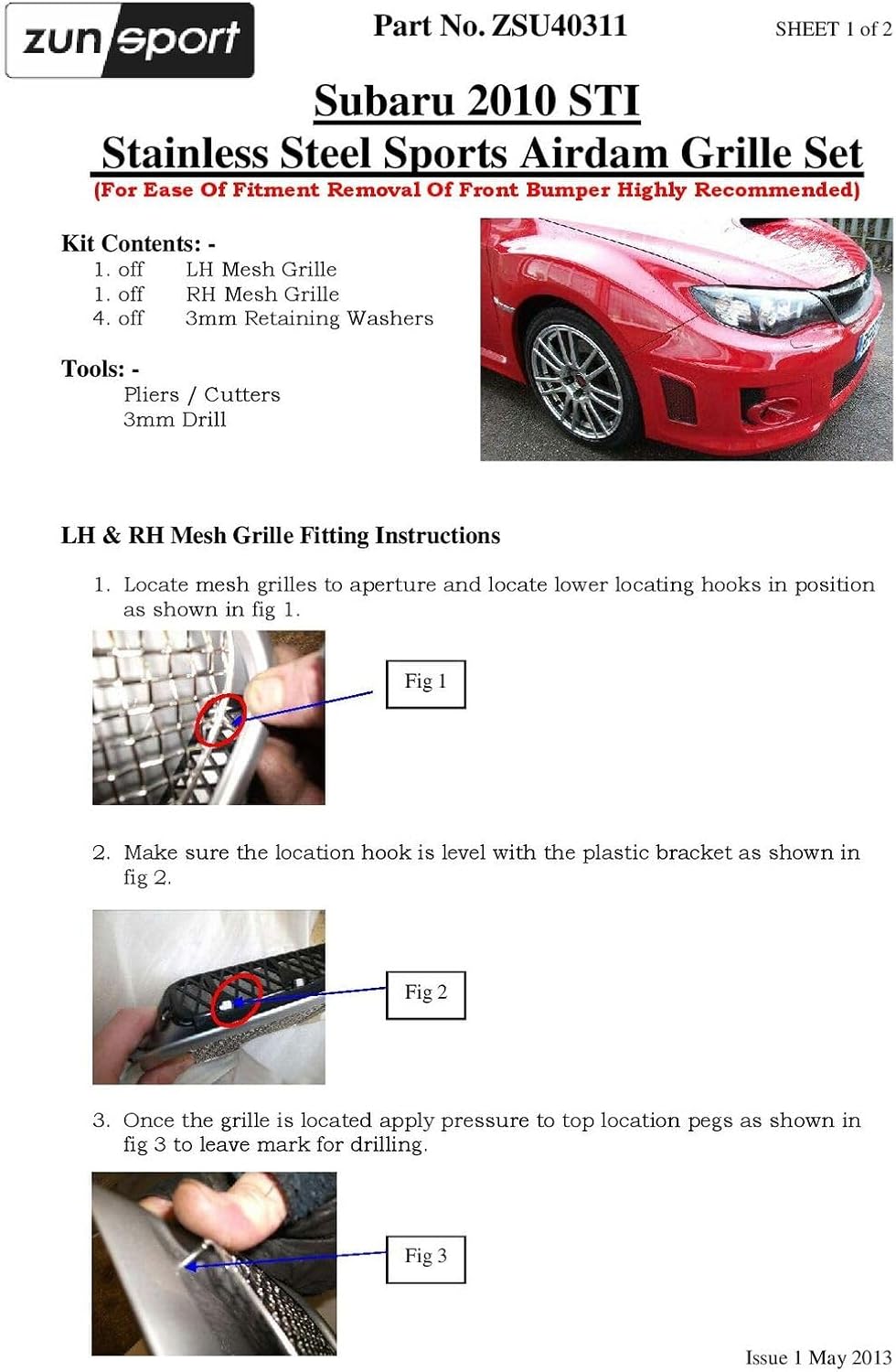 Zunsport Compatible With Subaru Impreza STi - Air Dam Grill Set - Silver finish (2011 to 2014)