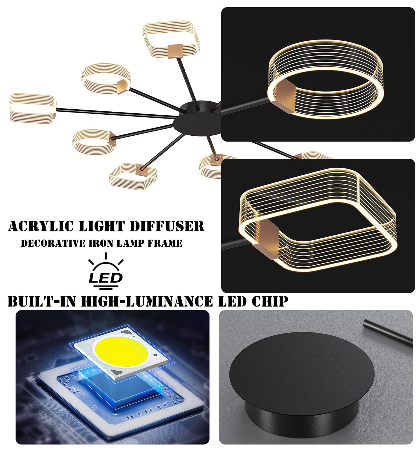 Moderne LED-Deckenleuchte Wohnzimmer Dimmbare Deckenbeleuchtung 10 Kopf Acryl Deckenleuchten mit Fernbedienung Büro Deckenlampe für Esszimmer Schlafzimmer Küche Kronleuchter (Schwarz 10 Köpfe Φ116cm)