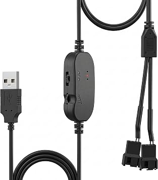 Delinx 12V PC Fan Speed Controller, USB to 2X 4-Pin Splitter Cable Adapter | Compatible 2/3/4-Pin, DIY Cooling Project for Server AV Cabinet DVR TV Router Receiver Xbox Greenhouse Amplifier Aquarium