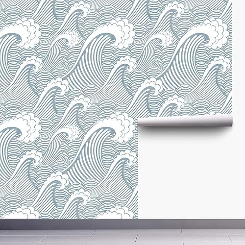 Miniatura 7 de Blooming Wall PS030 - Papel pintado a mano para despegar y pegar, sin costuras, color azul y blanco, papel pintado autoadhesivo con olas, papel