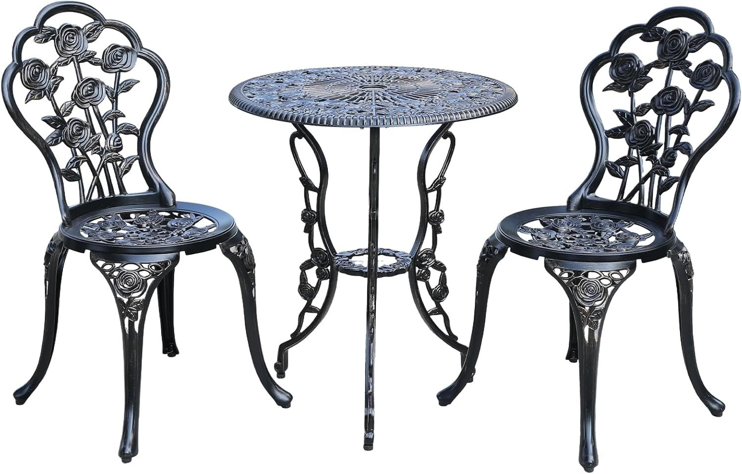 3-Piece Cast Aluminum Outdoor Bistro Set, All-Weather Outdoor Table and Chairs Set of 2 with Umbrella Hole for Balcony, Backyard, Deck, Garden (Rose White)