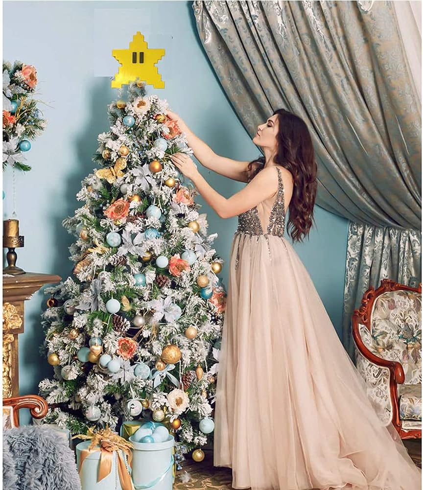 YNC Star Tree Topper for Christmas,Retro Super Mario Star Unique Design 3D Pixel Style ,Rustic high-end Outdoor Decoration,Funny Christmas Tree Toppers-Yellow