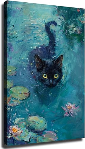 Póster Claude Monet con estampado de gato negro en estanque de lirios de agua, estilo vintage, impresión HD, póster retro pintado moderno para el