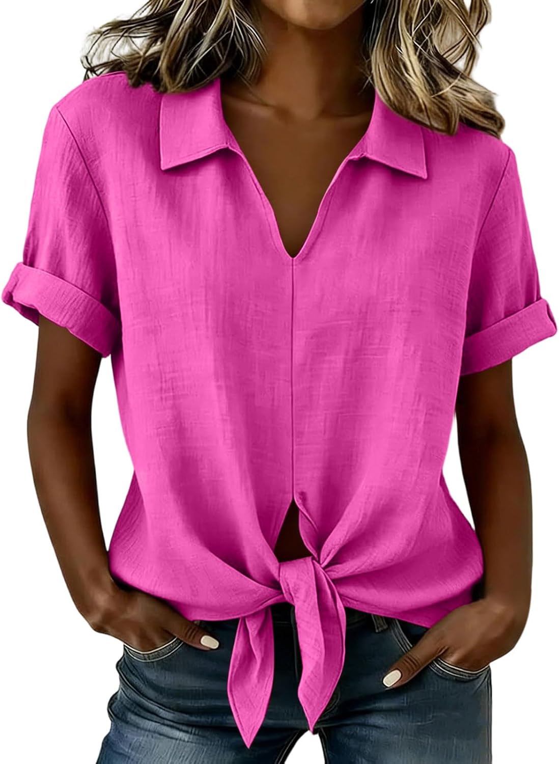 Cotton Linen Blouses Women 2026 Summer Tops V Neck Lapel Casual T Shirts with Lace Up Hem Gauze Tee Shirt