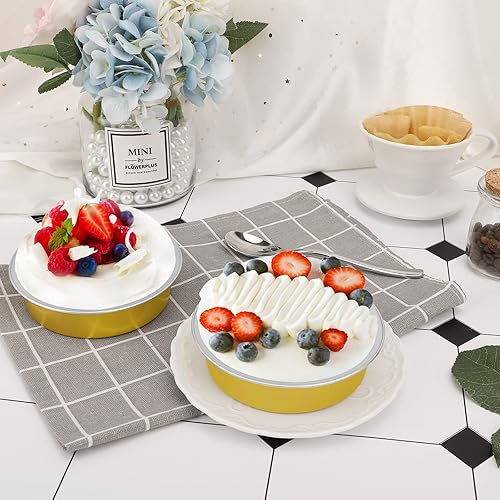 Vista 269 de Beasea Latas desechables para tartas de 4 pulgadas, paquete de 50 mini sartenes con tapas, molde de aluminio dorado de 8 onzas, moldes para tartas