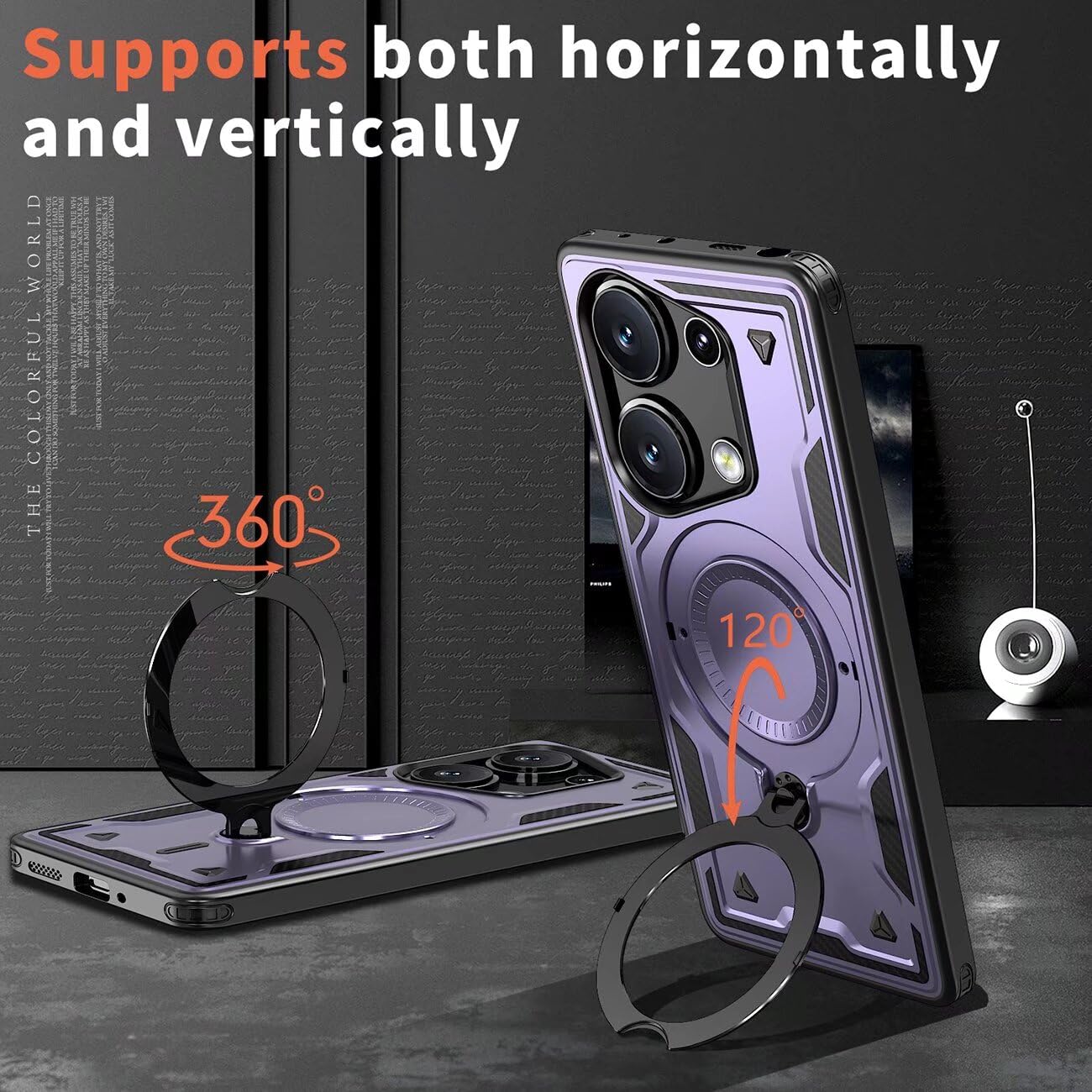 ILING Handyhülle Für Xiaomi Redmi Note 14S 4G/13 Pro 4G/Poco M6 Pro: Mit 360° Ringständer & Goldveredeltem Rand, Stoßfest (Violett)