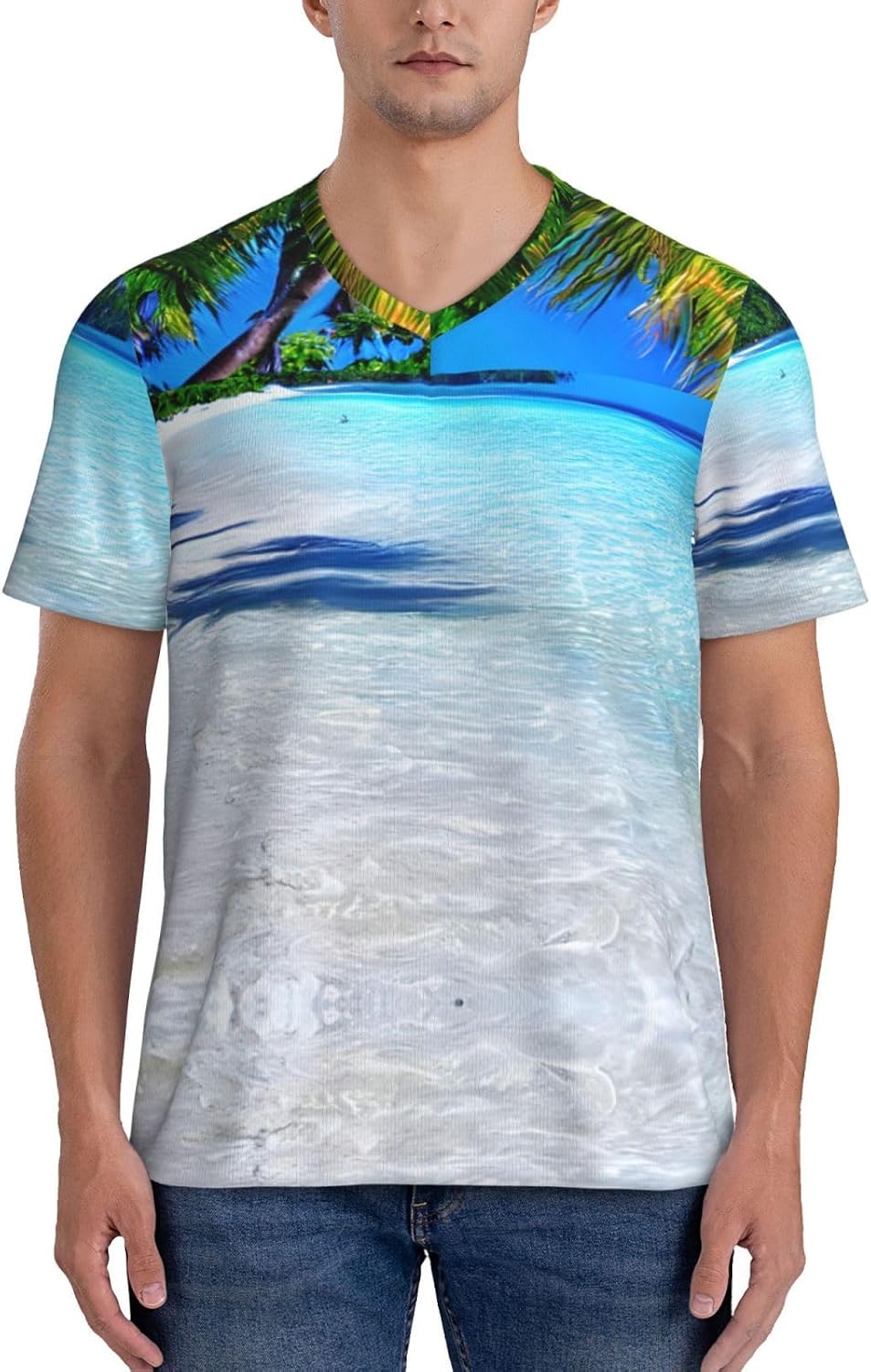Tropical White Sand Beach and Ocean Rugby Football Jersey for Men, Comfortable V-Neck Loose Fit Top for Team Sports Athletics