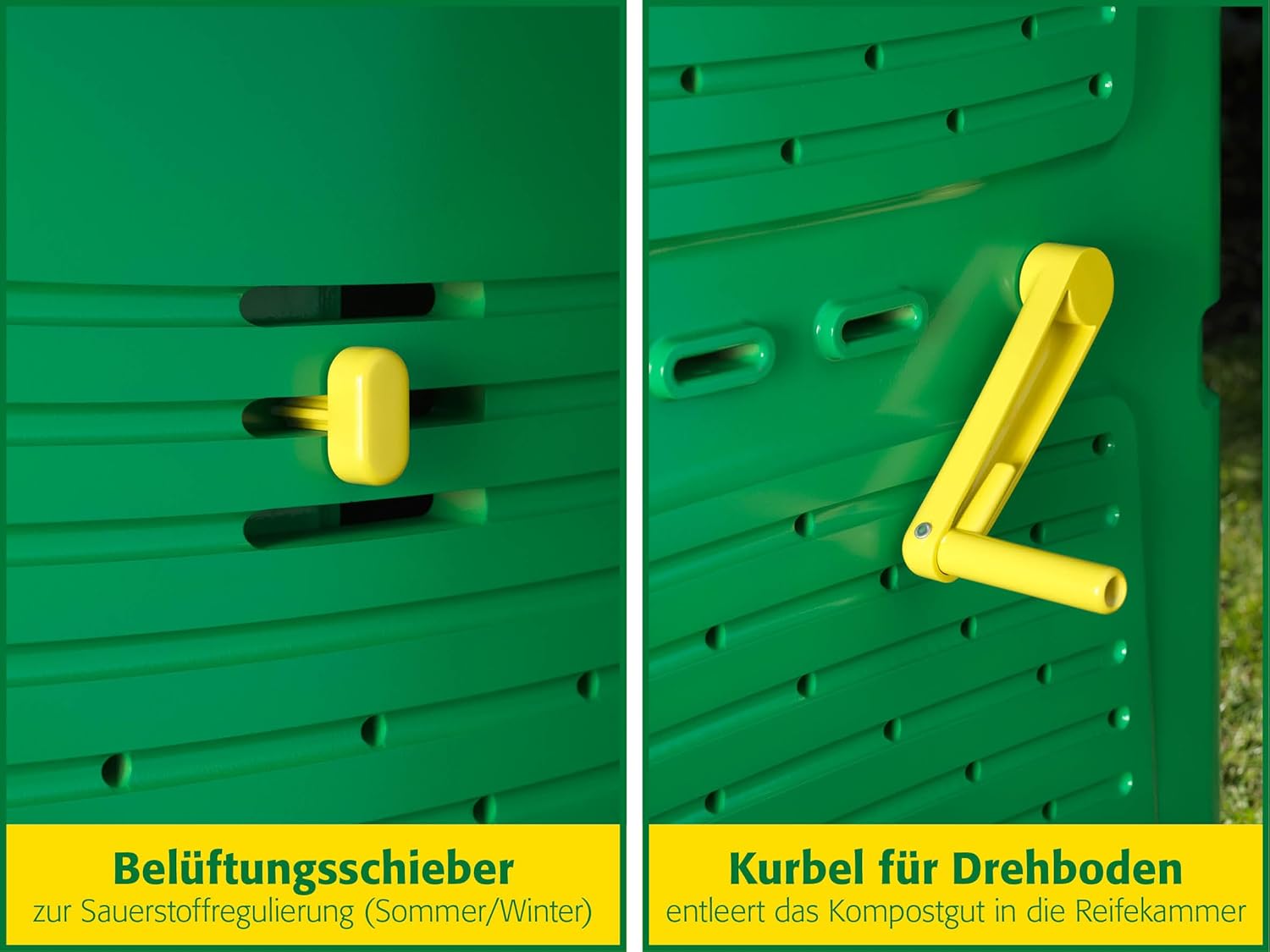Two images side-by-side. Left: Bottom chamber of the composter with finished compost, labeled '3. Maturation Chamber - valuable compost is created'. Right: Cutaway view of the multi-chamber composter showing waste moving through stages, labeled 'Multi-chamber composter - turning takes place in the composter'.