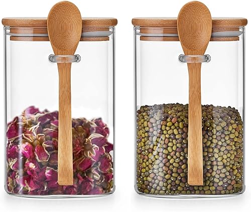 Miniatura 7 de Tarros de vidrio con tapas y cucharas herméticas de bambú, 2 recipientes de avena de 38.9 fl oz39 onzas con tapas, recipientes de vidrio para
