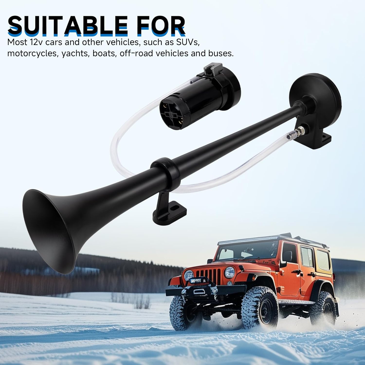 150dB Air Horns for Truck, Loud Train Horn for Car, Single Trumpet Horns Kit for Trucks with Button, 12V Black Motohorn with Compressor