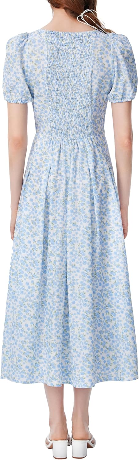 CIDER Floral Midi Dress Women's Summer Square Neck Puff Sleeve Slit Dresses - Image 3