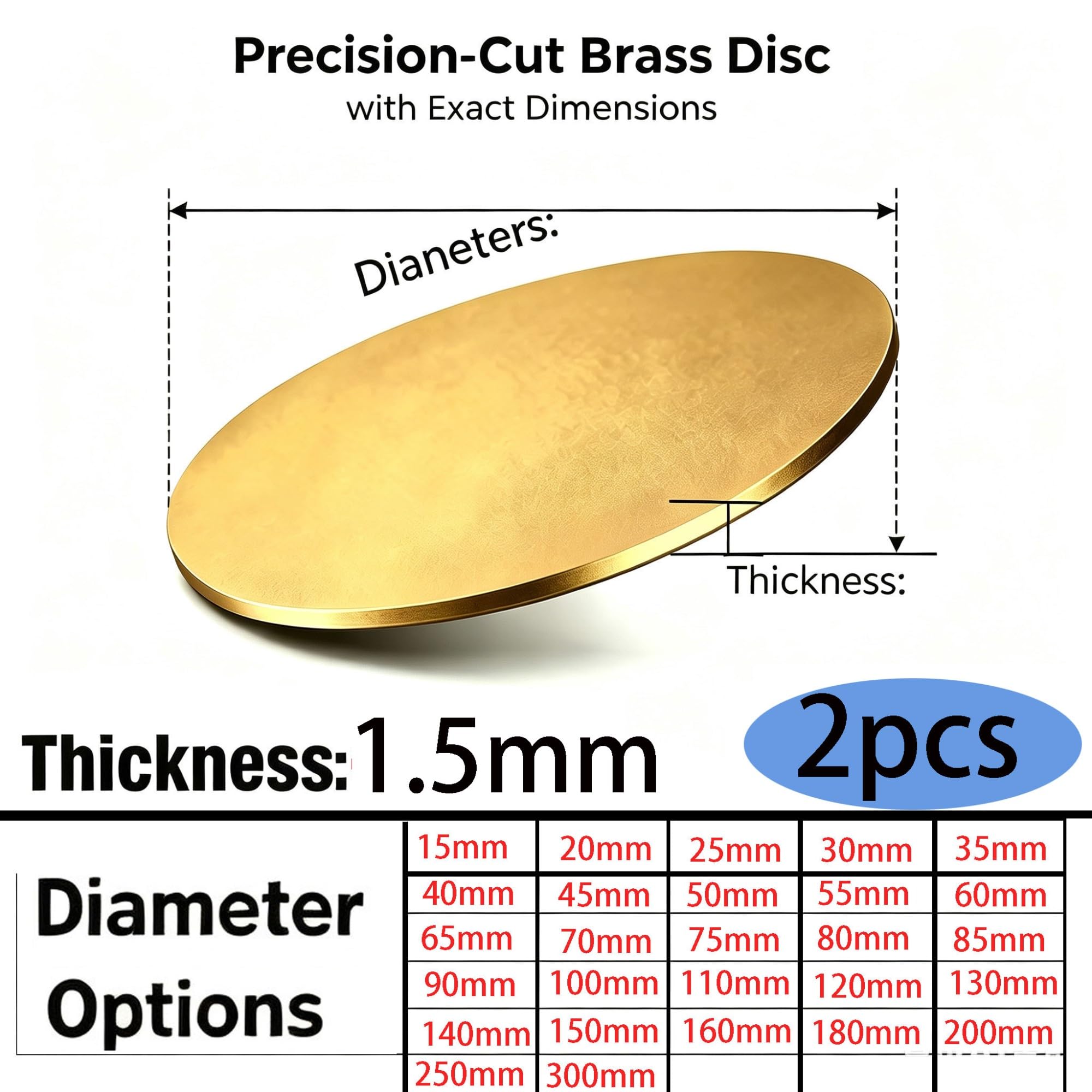 H62 Mosiądz Dyski Okrągłe Blachy Metalowe 1,5mm 2szt | Średnice 10–300 mm, mosiądz z gładką powierzchnią do grawerowania, tłoczenia, DIY i obróbki metalu(1.5x200mm)