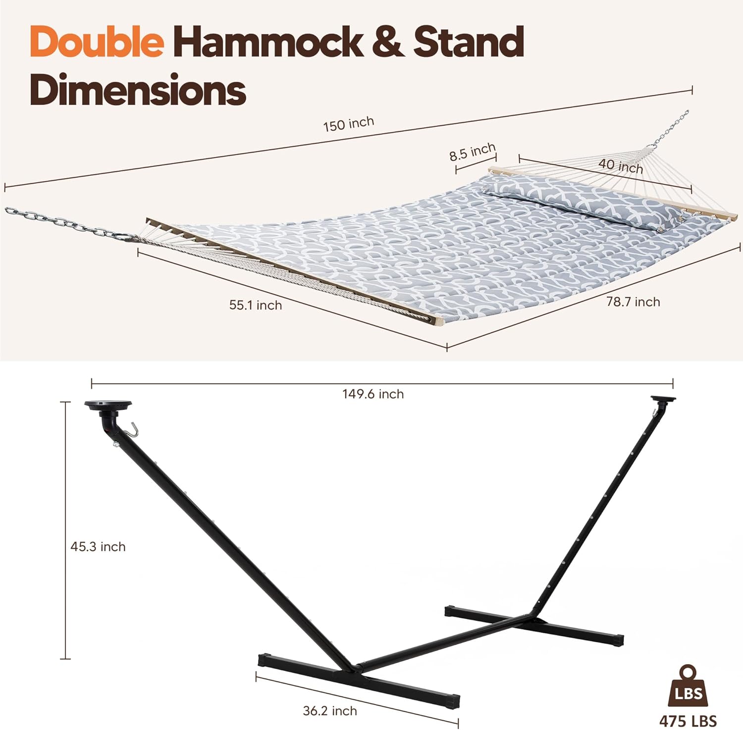 SUNCREAT Hammocks Outdoor 2 Person Hammock with Solar Powered Lights, Double Hammock with 12 ft Stand Included, Light Gray