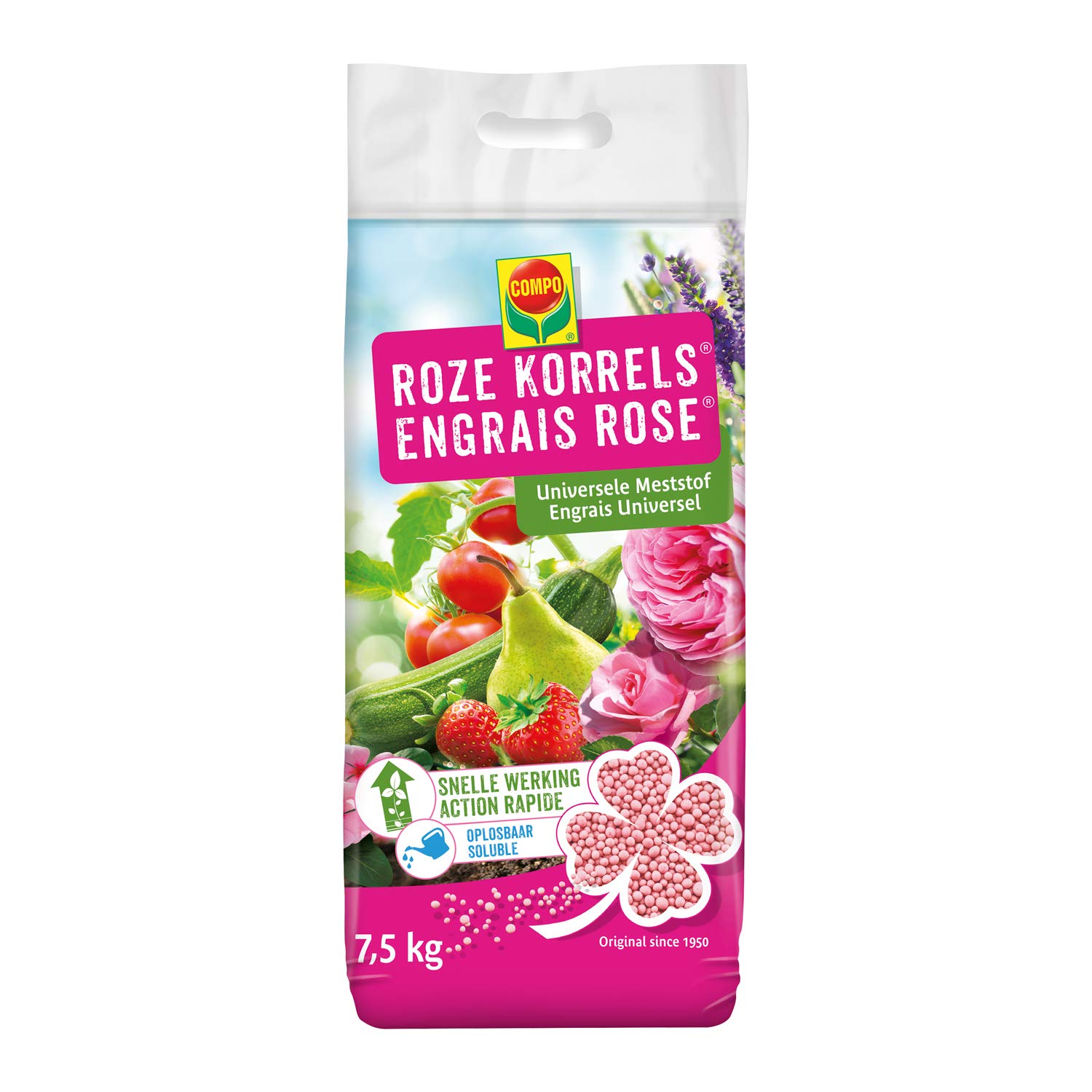 COMPO Rosa Granulat Universaldünger Schnellwirkend löslich für Blumen, Pflanzen, Gemüse und Früchte, 7,5 kg