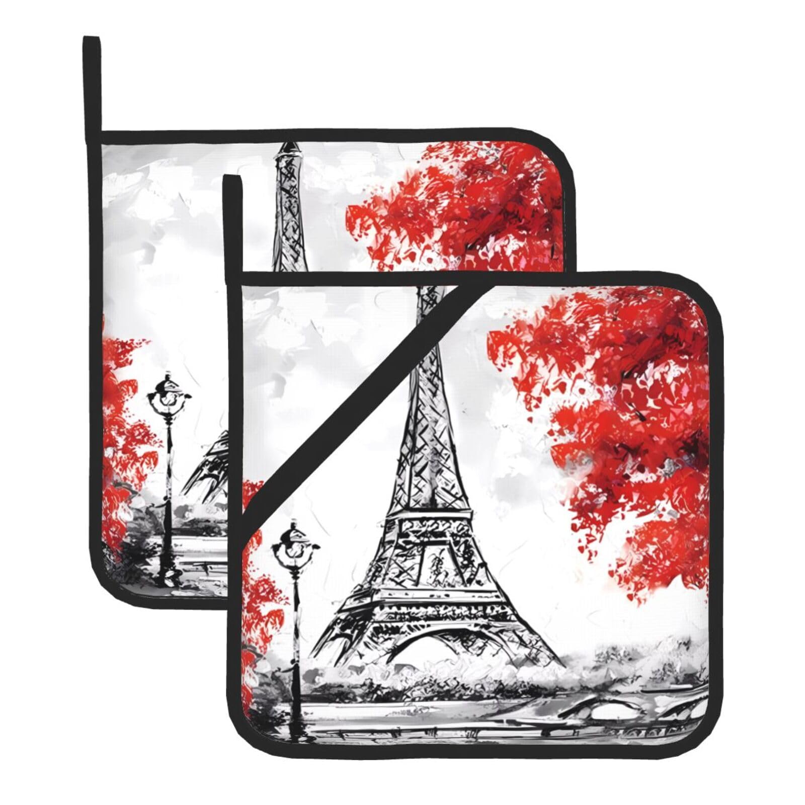 WHJSHOP Paris Prints Square Pot Holders - Waterproof Heat Resistant Kitchen Throw Pads for Hot Bowls & Dishes, Durable Oven Mitt Layers with Hanging Loop - Set of 2
