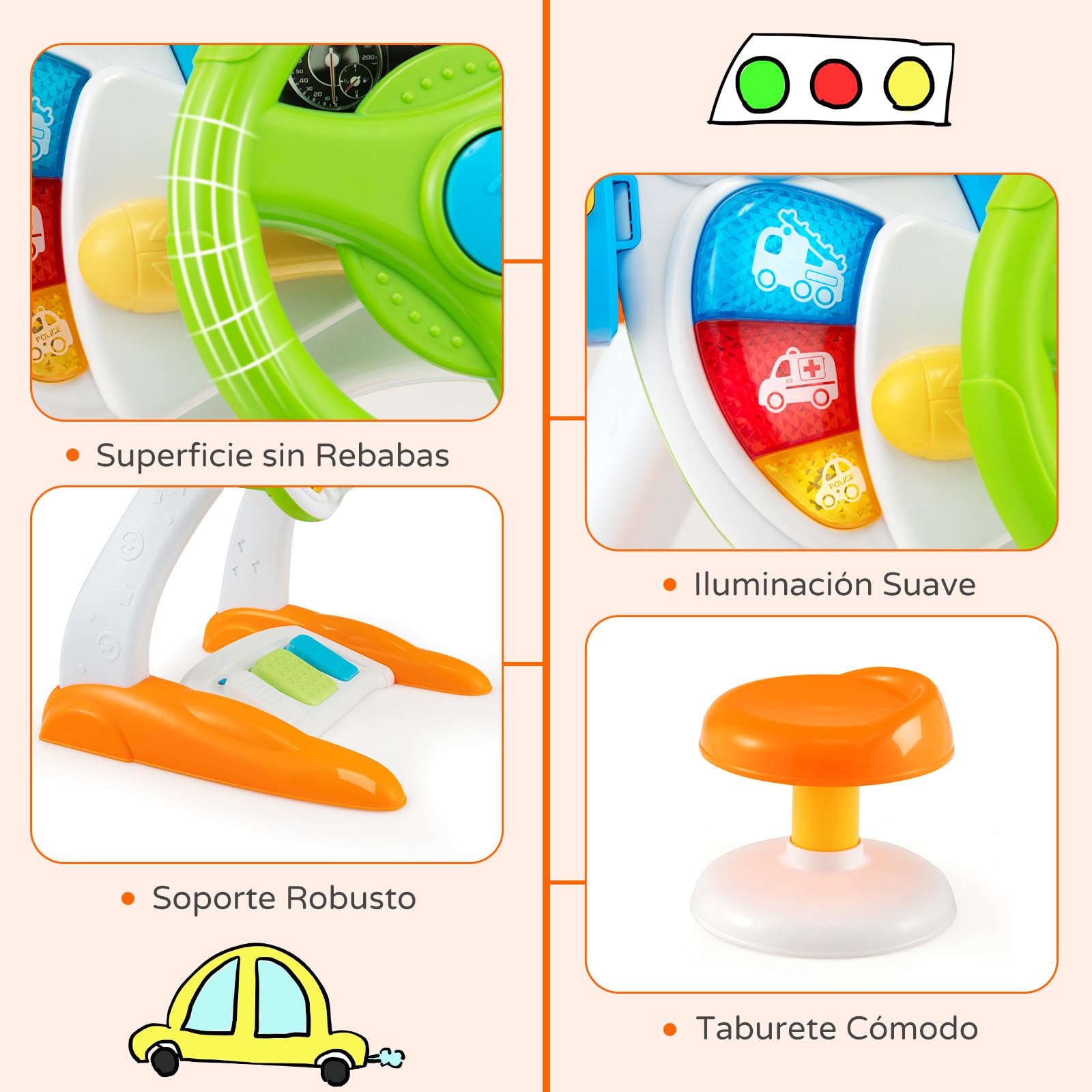 RELAX4LIFE Volante Juguete con Pantalla, Taburete, Efectos Luz y Sonido, Música, Claxon, Pedales y Intercomunicador, Volante Niños de ABS con Velocidad Ajustable, Juguete para Niños 3+ Años, Colorido