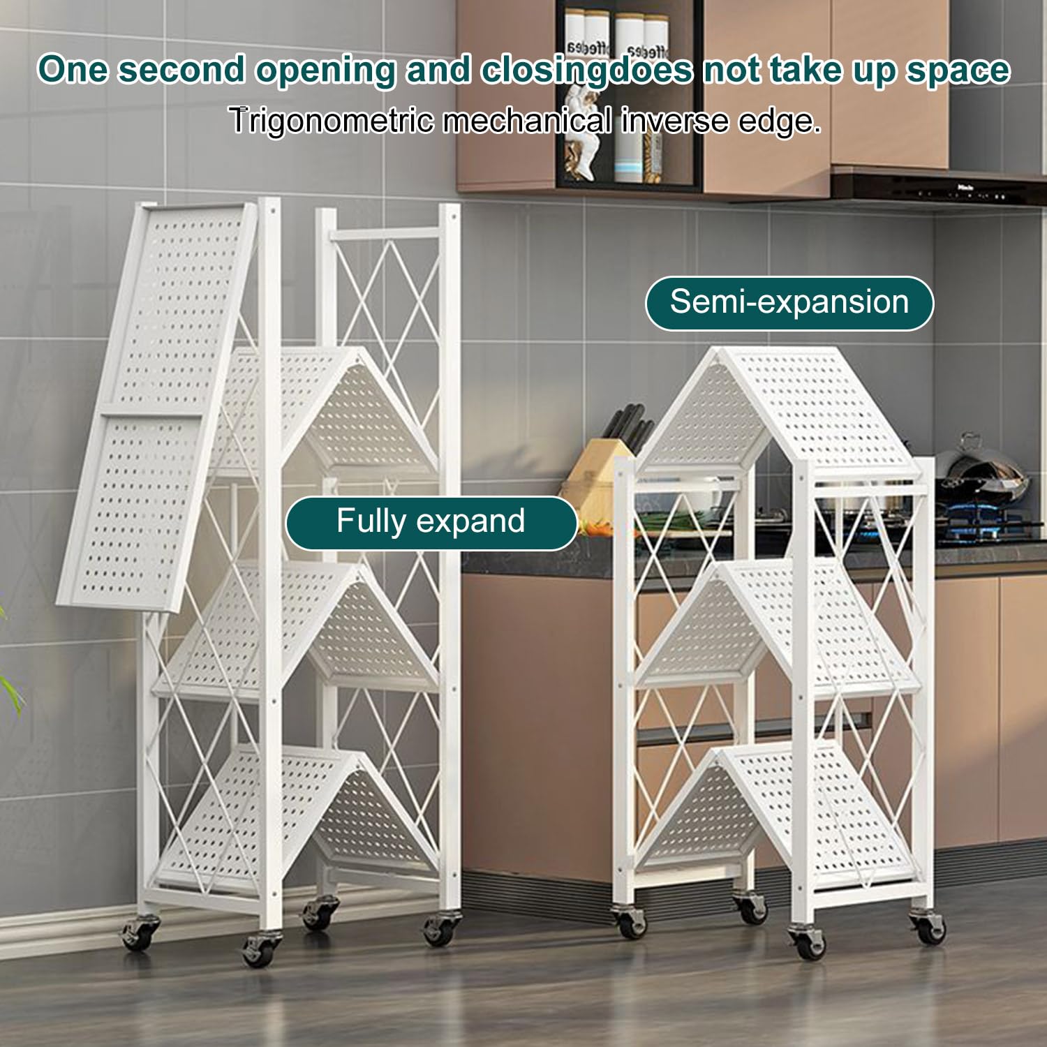 Estantería plegable de 4 niveles, armario multiusos de metal con ruedas, 80 kg, para cocina, baño, salón (blanco)
