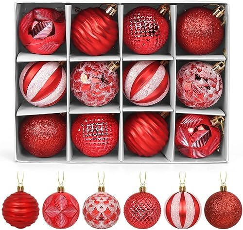 Christmas Baubles, 12Pcs Christmas Decoration Balls Ornaments 6cm, Christmas Xmas Tree Balls Decorations, Large Shatterproof Christmas Tree Baubles for Holiday and Party Decor (Red)